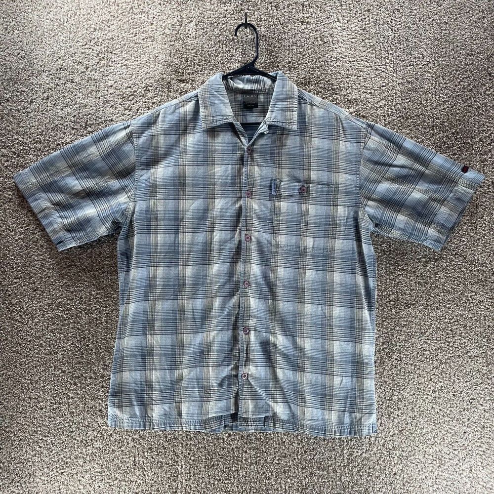 FUBU Shirt Mens Large Blue Plaid Short Sleeve Button Up Hip Hop Streetwear‎ Logo